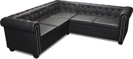 „Chesterfield“ L formos dirbtinės odos kampinė sofa, 5 vietų, juoda | Pagaminta su masyvios medienos rėmu, kurio matmenys yra 205x205x73 cm; tinka svetainėms ir biurams.