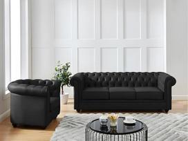 „Chesterfield“ odinių sofų komplektas 3 + 1 iš buivolų odos, juodos spalvos