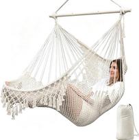 „Chihee“ kabamoji kėdė: rankų darbo medvilninės virvės pynimas, minkštas, verptas, didelis, elastingas hamakas, sulankstoma, tvirta metalinė skersinė, elegantiškos kutės, tinka naudoti viduje ir lauke
