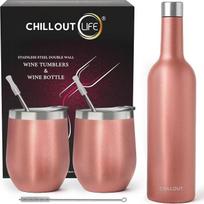 „CHILLOUT LIFE“ nerūdijančio plieno vyno taurės, 12 uncijų, 2 vnt. rinkinys ir 1 izoliuotas vyno butelis, dvigubos sienelės vakuuminiu izoliavimu vyno taurės, stiklinės su dangteliais ir šiaudeliais, šaltį ir šilumą išlaikantis dovanų rinkinys, rožinis au
