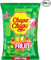 „Chupa Chups“ vaisinių saldainių ant pagaliuko pakuotės papildymo maišelis. Jame yra 250 vaisinių saldainių ant pagaliuko, 4 skonių: obuolių, braškių, apelsinų ir vyšnių. Tinka gimtadieniams, 250 x 12 g