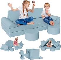„Clevich“ žaidimų sofa vaikams, 15 dalių modulinė vaikų žaidimų sofa, išskleidžiama, sertifikuota pagal „Oeko-Tex 100“ standartą, putų sofa-lova, skirta jaukiam kampeliui vaikų kambaryje, „Cuddly Cord“ (mėlyna)