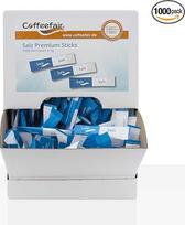 „Coffeefair Premium“ druskos lazdelės, 1000 vnt. po 1 g, atskirai supakuotos druskos porcijos, praktiškame staliniame dozatoriuje, idealiai tinka viešojo maitinimo įstaigoms ir biurams