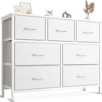 „Coleshome“ balta komoda su 7 juodais audiniu aptrauktais stalčiais | Tvirtas plieninis rėmas ir reguliuojamos kojelės, tinka miegamajam ir svetainei, 100 x 30 x 77 cm