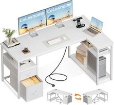 „Coleshome“ žaidimų kampinis stalas su 2 stalčiais, 140 x 80 cm, baltas | L formos žaidimų stalas su daiktų laikymo vieta ir lentyna, stalas su elektros lizdu ir USB jungtimi, apverčiamas, skirtas miegamajam ir svetainei