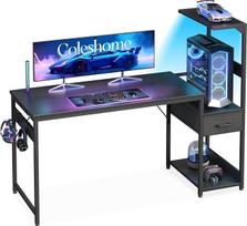 „Coleshome“ žaidimų stalas su LED apšvietimu, stalčiais ir lentyna, 138 × 48 cm, juodos spalvos | Dvipusis žaidimų stalas su audiniu dengtais stalčiais, kompiuterinis stalas su daiktų laikymo vieta ir ausinių laikikliu