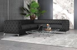 „Cordoba Velvet“ kampinė sofa „Chesterfield“ stiliaus su apmušalu iš „Sofa Sun Velvet“ aksomo (juoda, sidabrinės kojelės)