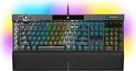 „Corsair K100 RGB“ mechaninė žaidimų klaviatūra (su „Cherry MX Speed RGB Silver“ jungikliais, integruota 8MB atmintimi, specialiais multimedijos klavišais ir garsumo reguliatoriumi, USB jungtimi tiesiogiai ant klaviatūros) Juoda
