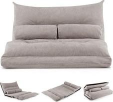 „COSTWAY“ sulankstoma grindų sofa, „3-in-1“ sofa-lova su miego funkcija ir reguliuojamu atlošu, sofa-lova su 2 juosmens pagalvėlėmis, sulankstoma sofa-lova, skirta svetainei ir miegamajam, pilkos spalvos