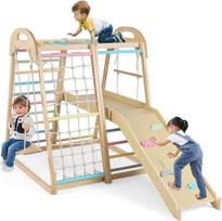 „COSTWAY“ vidaus laipiojimo komplektas, „8-in-1“: beždžionių stulpas, sūpynės, laipiojimo tinklas, laipiojimo kopėčios, laipiojimo virvė, laipiojimo akmenys, čiuožynė ir platforma, medinis vaikų žaidimų aikštelės komplektas, skirtas vaikams nuo 1 metų (sp