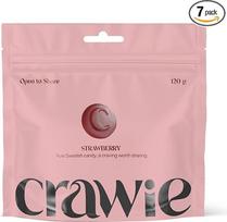 „Crawie Swedish Sweets“ braškių skonio vaisių guminukai, užkandžių dėžutė, 7 x 120 g | Vaisių guminukai su natūraliu braškių aromatu. Be glitimo, be palmių aliejaus. Užsegamas maišelis. Pagaminta Švedijoje.