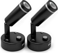 „D-lite“ 12 V LED skaitymo lempa su USB jungtimi, skirta kemperiams, su reguliuojamu apšvietimo intensyvumu, šiltos baltos ir mėlynos spalvos | Juodos spalvos 12 V sieninė lempa, skirta karavanams, valtims, kemperiams, lovoms, montuojama ant sienos, 2 vnt