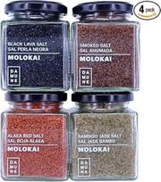 „Damune Gourmet Salt“ iš Molokai, Havajai: juodoji druska „Black Lava“, raudonoji druska „Alaea Red Gold“, druska „Jade Bamboo“, rūkyta druska