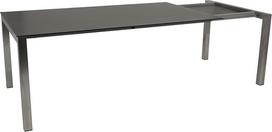 „DEGAMO“ Sidnėjaus išskleidžiamas sodo stalas, 180/240 x 100 cm, šlifuotas nerūdijantis plienas + stiklas su 3D keramikos efektu, antracito spalvos, atsparus oro sąlygoms, skirtas naudoti lauke