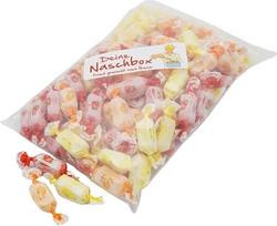 „Deine Naschbox“ | Karamelės be cukraus su vaisių sultimis | 500 g pakartotinio užpildymo maišelis | Minimalistinė pakuotė, 100 % perdirbama | XL kramtomųjų saldainių didmeninė pakuotė | Kramtomųjų saldainių rinkinys