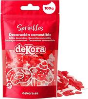 „dekora“ raudonos ir baltos širdelės cukraus pabarstukai, 100 g – valgomieji Valentino dienos tortų, keksų ir desertų papuošimai