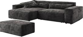 „Delife Sirpio XL“ kampinė sofa, mikropluoštas, juoda, 270 x 170 cm, reguliuojama šezlongo dalis | Su pufu