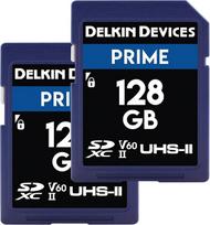 „Delkin Prime“ 128GB SDXC UHS-II (U3/V60) aukštos kokybės SD kortelė skaitmeniniam fotoaparatui, 8K, 4K, Full HD SD atminties kortelė, 128GB, 2 vnt. rinkinys