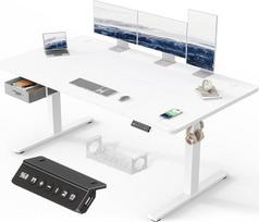 „Devoko“ aukščio reguliuojamas stalas 160 x 80 cm, aukščio reguliuojamas stalas su stalčiais, USB-A įkrovimo lizdas, kompiuterinis stalas su laidų tvarkymo dėklu, stovimasis stalas su 3 atminties nustatymais, baltas
