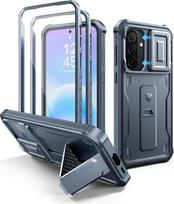 „Dexnor“ suderinamas su „Samsung Galaxy A57 5G“ dėklas su įmontuotu slankiuoju kameros dangteliu, ekrano apsaugine plėvele ir atramėle, itin tvirtas, atsparus smūgiams, tvirtas, visą korpusą apimantis apsauginis dėklas – tamsiai mėlynas