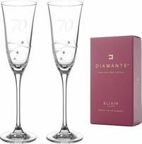 „DIAMANTE Swarovski“ 70-mečio šampano taurės – 2 vnt. krištolo šampano taurių rinkinys su rankomis išgraviruotu skaičiumi „70“ – papuoštos kristalais