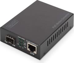 „DIGITUS“ gigabito medijos keitiklis – iš RJ45 į SFP prievadą – bangos ilgis 1310 nm | 10/100/1000Mbps – su 30 W PoE maitinimo šaltiniu – 80 km veikimo nuotolis – varinis kabelis per šviesolaidinį kabelį – IEEE802.3at – juodos spalvos