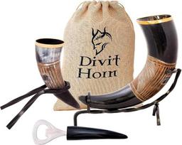„Divit“ autentiškas vikingų gėrimo ragas, „Horn Shot“, butelių atidarytuvas (3 vnt. rinkinys) | Autentiškas viduramžių alaus gėrimo ragas | Į komplektą įeina lininis dovanų maišelis. (16 oz, „Jarl“, poliruotas)