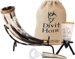 „Divit“ autentiškas vikingų gėrimo ragas, „Hornshot“, butelių atidarytuvas (3 dalių rinkinys) | Autentiškas viduramžių alaus gėrimo ragas | Į komplektą įeina dovanų maišelis iš kanvos. (16 oz, su drakonu, poliruotas)