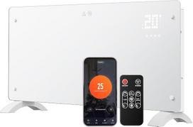 „DONYER POWER 2500W“ konvektoriaus šildytuvas, itin plonas, skirtas montuoti ant sienos arba pastatyti ant grindų, su 24 val. laikmačiu, nuotolinio valdymo pultu su „Wi-Fi“ ryšiu, itin balta stiklo plokštė