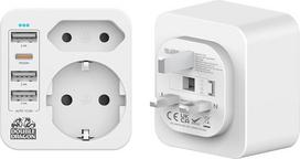 „Double Dragon“ kelioninis adapteris su greituoju įkrovimu (20 W), 5-in-1, iš Prancūzijos į Jungtinę Karalystę | 3 USB-A jungtys ir 1 USB-C jungtis | Paverčia ES dviejų kontaktų kištuką, kad jį būtų galima naudoti Jungtinėje Karalystėje, Airijoje, Du
