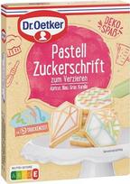 „Dr. Oetker“ pastelinių spalvų cukraus raidės, 4 x 25 g – asmeniniams užrašams ir pasteliniams akcentams, skirtiems papuošti iškeptus pyragus, tortus, keksus ar sausainius