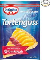 „Dr. Oetker“ skaidrus pyragų glazūros mišinys, 1 pakuotė (3 maišeliai), kiekvienas maišelis – 12 g, sutvirtinantis glazūros mišinys vaisiniams pyragams ir tortelėms, greitai ir lengvai sumaišomas, tinka veganams