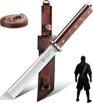 „Dream Reach Tanto“ lauko peilis, kempingo peilis su ištisiniu kotu ir odiniu makštu | Didelis fiksuoto ašmenų peilis, ištisinis kotas, odinis makštas, skirtas „Bushcraft“ medžio drožybai, išgyvenimui gamtoje ir kempingui, dovana vyrams