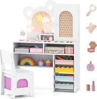 „DREAMADE“ 2-in-1 vaikų tualetinio staliuko komplektas su kėdute, 3 spalvų apšviestu veidrodžiu, spintele, atviromis lentynomis ir stalčiais, kosmetikos staliukas, tualetinis staliukas vaikams nuo 3 metų (baltas)