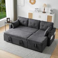 „DRIXNO“ sofa-lova su miego funkcija, L formos sofa, pilkos spalvos, minkštieji baldai, sofa su šezlongu ir daiktų laikymo skyriumi, su kišeniniu gėrimų laikikliu, svetainės sofa-lova, kairėje ir dešinėje pusėse keičiamas šezlongas