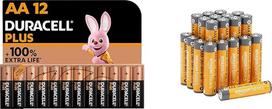 „Duracell Plus“ AA „Mignon“ šarminės baterijos, 1,5 V, LR6, MN1500, 12 vnt. pakuotė ir „Amazon Basics“ AAA šarminės baterijos, galingos, 1,5 V, 20 vnt. pakuotė (išvaizda gali skirtis)