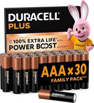 „Duracell Plus“ AAA šarminės baterijos (30 vnt. pakuotė) 1,5 V, LR03 | Iki 100 % ilgesnis tarnavimo laikas su „POWER BOOST Actives“ technologija – žaidimų valdikliai, skaitmeniniai fotoaparatai – 0 % plastikinės pakuotės