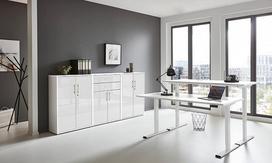 „e-Office Edition Set 15“ biuro baldų komplektas (rėmas: baltas, korpuso priekinė dalis: balta/balta, blizgi, stalviršis: baltas, stalviršio matmenys: 160 x 80 cm)