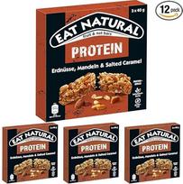 „Eat Natural“ vaisių ir riešutų batonėlis – baltyminiai žemės riešutai, migdolai ir sūrus karamelė – baltymų šaltinis, be glitimo užkandis – puikiai tinka kelionėms – 3 x 40 g (4 vnt. pakuotė)