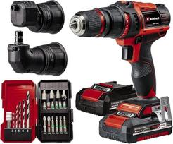 „Einhell“ akumuliatorinis gręžtuvas TE-CD 18/45 3X-Li+22 „Power X-Change“ (18 V, 45 Nm, kampinis priedas, ekscentrinis priedas, 22 dalių antgalių rinkinys, 2 x 2,0 Ah akumuliatoriai, įkroviklis + „E-Box“)