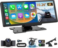„ELECROW“ 10,26 colių belaidis nešiojamas „CarPlay“ ekranas su 4K priekinės ir HD galinės vaizdo kameromis, skirtas „Apple CarPlay“ ir „Android Auto“, „MirrorLink“, balso valdymui, FM, GPS navigacijai (ADAS) | Nešiojamas jutiklinis automobilių radijas, su