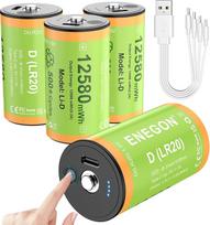 „ENEGON“ įkraunamos D tipo baterijos (monocelles), 4 vnt. pakuotė, 1,5 V ličio, C tipo (5 V įkrovimas), 12580 mWh, LR20 su įkrovimo indikatoriumi, komplekte yra 1 į 4 įkrovimo kabelis, skirtos kempingo žibintams, radijo imtuvams, žaislams