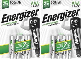„Energizer Recharge Universal“ – AAA tipo baterijos (4 vnt. pakuotė) – 600 mAh NiMH baterijos – įkraunamos iki 1000 kartų – iš anksto įkrautos ir paruoštos naudoti – 100 % be plastiko, perdirbama pakuotė