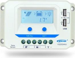 „EPEVER“ saulės energijos įkrovimo valdiklis su USB prievadais, išėjimo įtampa 12 V/24 V, PWM saulės baterijos įkrovimo reguliatorius su LCD ekranu, skirtas saulės energijos sistemai (20 A, VS2024AU)