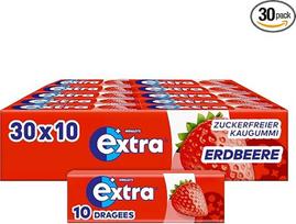 „Extra“ kramtomoji guma su braškių skoniu, be cukraus, puikiai tinka užkimšimui, didmeninė pakuotė 30 x 10