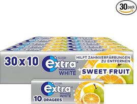 „Extra“ kramtomoji guma „Sweet Fruit“, be cukraus, puikiai tinka užkimšimui, didmeninė pakuotė 30 x 10