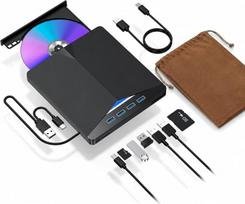 „Ezekers“ išorinis DVD diskų įrenginys su USB 3.0 ir USB-C jungtimis, CD įrašymo įrenginys, CD/DVD +/-RW optinis diskų įrenginys, plonas, nešiojamas DVD grotuvas, CD-ROM, perrašymo įrenginys, skaitytuvas, skirtas nešiojamiesiems kompiuteriams, stacionarie