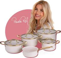„Fackelmann“ x „Pamela Reif“ 9 dalių puodų rinkinys – pagamintas iš perdirbto aliuminio, pastelės smėlio spalvos, su stikliniu dangčiu, be PFAS keraminiu danga, tinka indukcinėms viryklėms