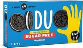 „Feel FIT Duo“ be cukraus kakavos sausainiai su vaniliniu kremu be cukraus, 4 maišeliai po 4 sausainius dėžutėje, 176 g