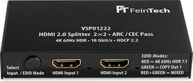 „FeinTech“ VSP01222 HDMI 2.0 skirstytuvas, 2 įėjimai, 2 išėjimai, vaizdo mastelio keitiklis, ARC perdavimas AV imtuvui, 4K, 60 Hz, HDR